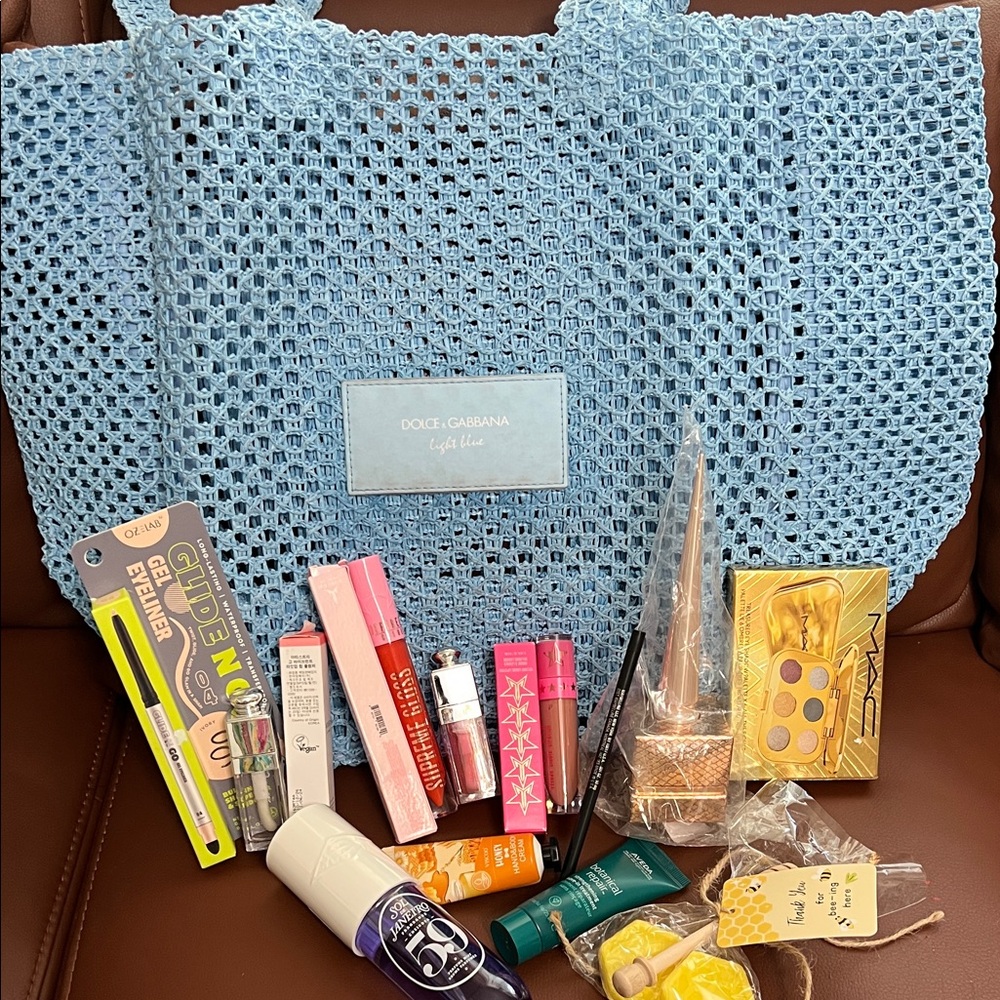Dolce & Gabbana Sky Blue Crochet Tote with makeup bundle